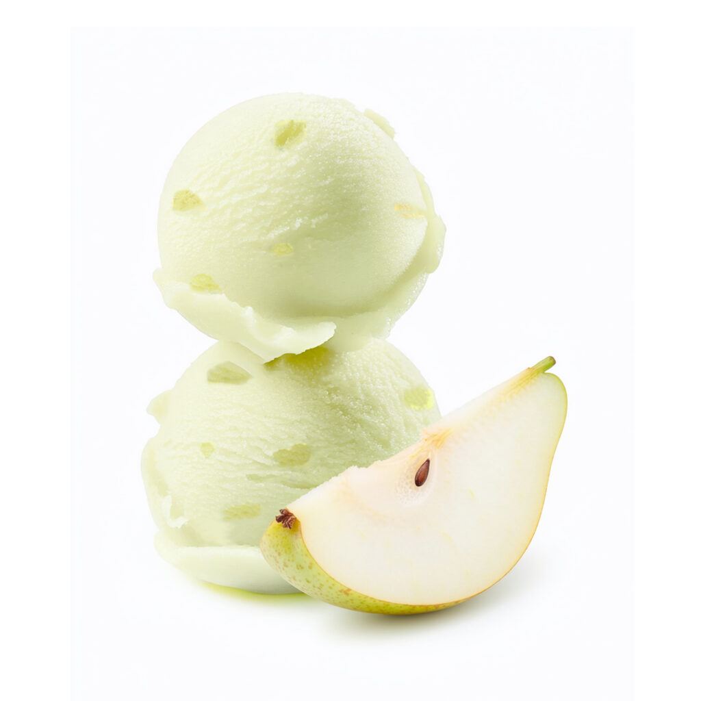 2 scoops of ice cream and a quarter of a pear.